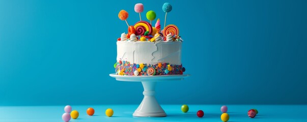 Colorful candy-topped celebration cake on blue background