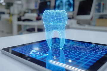 A blue 3D picture of a tooth displayed on a screen for dental purposes, helping people and solving problems with new and advanced technology.