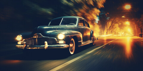 Vintage Classic Car Speeding In City Streets At Night. Automobile In Urban Evening Rush. Retro Vehicle. Generative AI