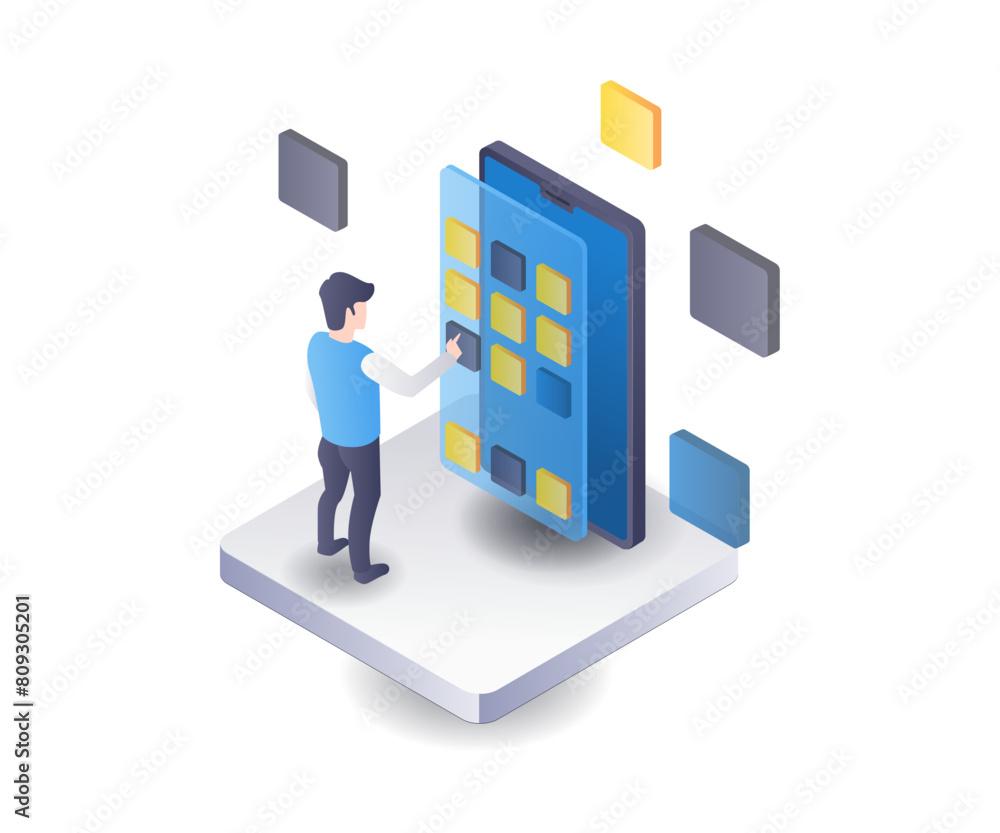 Poster smartphone developer application tester flat isometric illustration