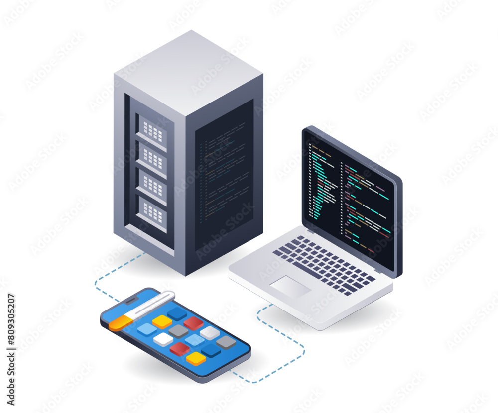 Poster smartphone application technology data server infographic 3d illustration flat isometric