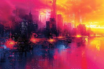 Obraz premium An abstract painting of a cityscape at sunset. The colors are vibrant and the brushstrokes are thick and expressive.