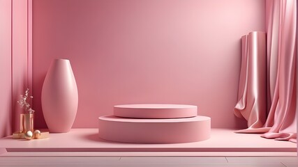 Presentation stand for pink fashion fabric cosmetics on a simple 3D background for product displays, with an abstract luxury beauty cloth backdrop or an advertising show stage pedestal with a blank pa