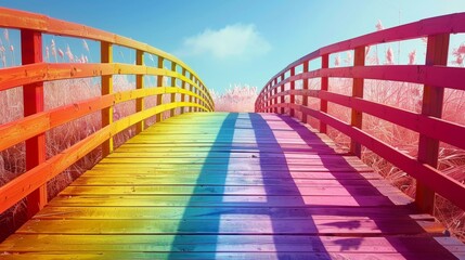 Colorful suspension bridge enveloped in mist and vibrant green foliage