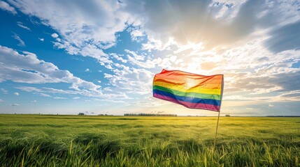 Pride flag waving in the wind on a sunny day over lush green field