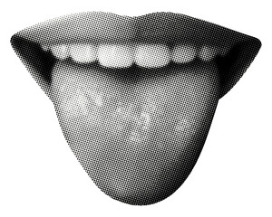 mouth with tongue sticking out isolated retro halftone grunge dotted texture cutout vintage collage element for mixed media design © Oleksandr Yashchuk
