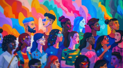 Colorful illustration of diverse LGBTQ+ community at a pride event