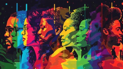 Vibrant illustration of diverse faces in rainbow colors symbolizing LGBT pride and unity