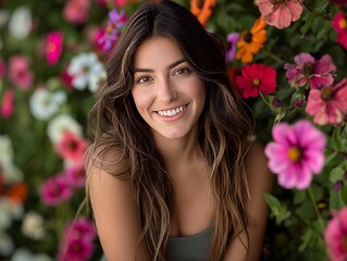 A woman with long brown hair is sitting in a field of flowers. She is smiling and looking at the camera