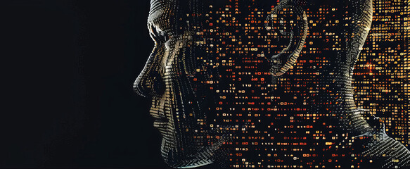 Human beings morphing into code. The concept of cyborg and AI becoming sentient.