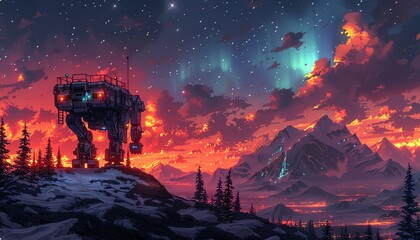 Illustrate a captivating scene of robotic gardening under the enchanting Northern Lights in a pixel art style, highlighting the contrast between the mechanical elements and the natural beauty at eye l