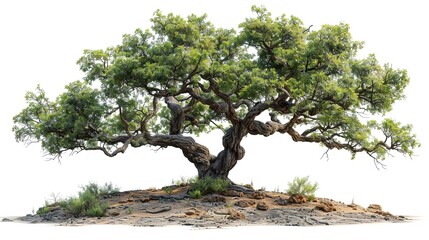 A large, old tree with a thick trunk and gnarled branches. The tree is in full bloom, with green leaves and pink flowers. The tree is set against a white background.