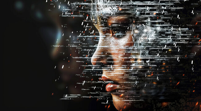 Human beings morphing into code. The concept of cyborg and AI becoming sentient