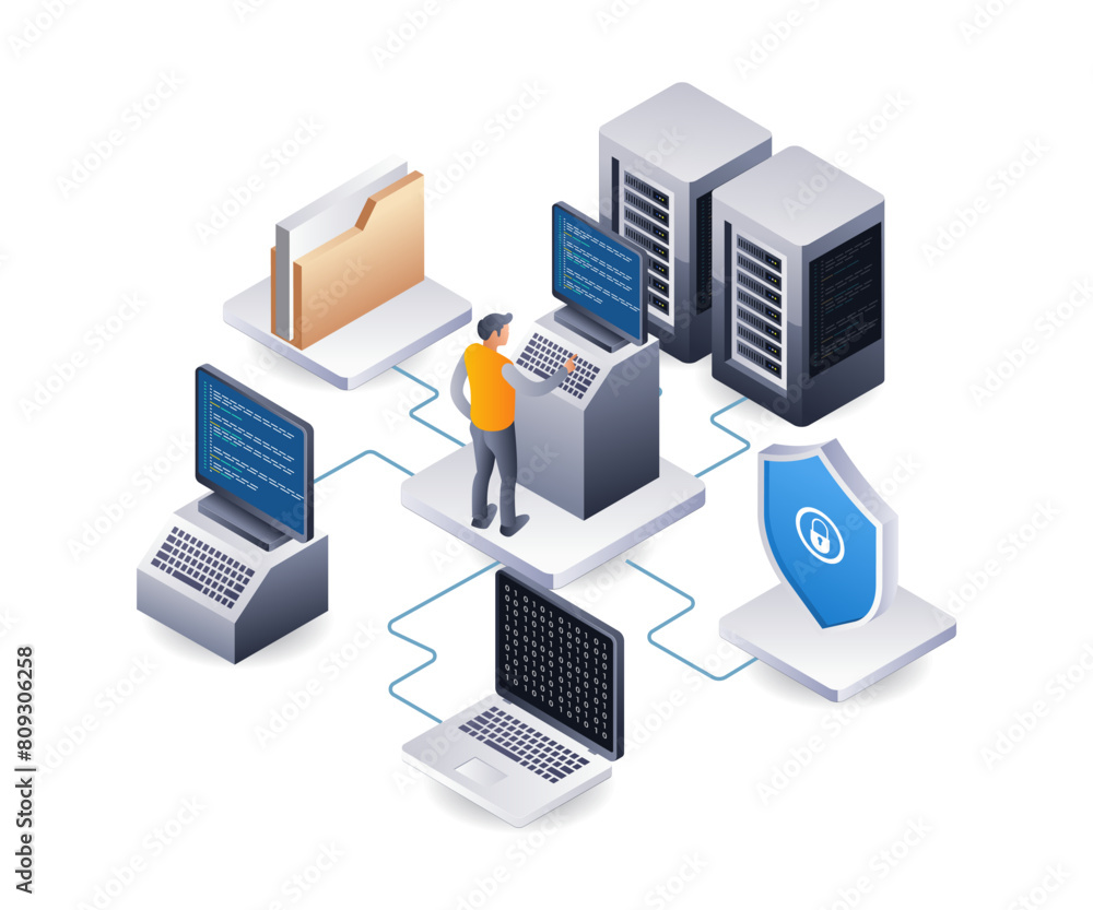 Poster Security program hosting cloud data server technology infographic 3d illustration flat isometric