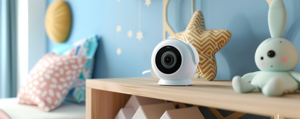 Modern baby monitor camera in child's nursery room