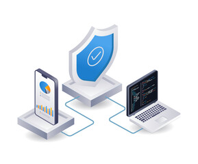 Security cloud server data analyst, infographic 3d illustration flat isometric