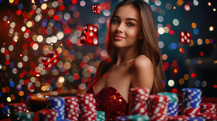 Woman in Red Dress Surrounded by Casino Chips