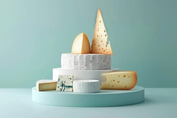 3D round podium for product show case of food, elegantly displaying a variety of gourmet cheeses, crafted in minimal styles, illustration template