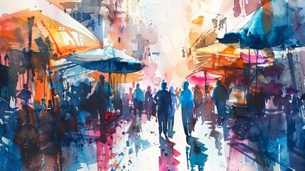 A beautiful watercolor of a vibrant market scene, filled with energy and color, isolated minimal with white background