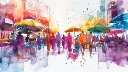 A beautiful watercolor of a vibrant market scene, filled with energy and color, isolated minimal with white background