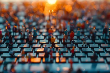 A crowd shot of tiny figurines on a computer keyboard, symbolizing digital transformation in business, rendered in an impressionistic style