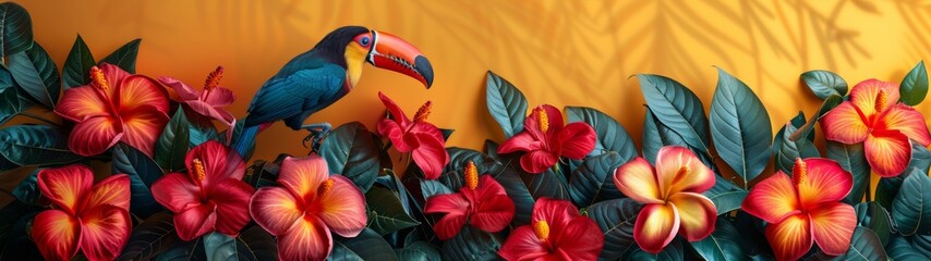 Vibrant tropical bird perched among colorful flowers and lush leaves against a sunlit backdrop