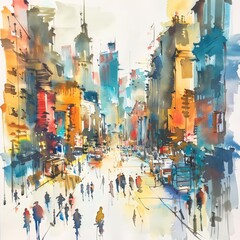 A fantastic watercolor of a bustling cityscape, vividly depicting the dynamic urban life, isolated with a white background