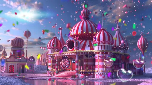 Colorful candy castle palace with confetti flying rain. celebrate event background. Looping animation