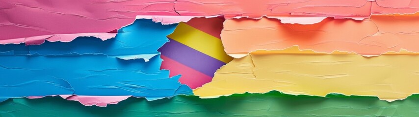 Vibrant rainbow flag breaking through multicolored layers symbolizing LGBTQ+ pride and diversity