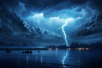 Dramatic nocturnal landscape with lightning bolts illuminating a stormy sea under a gloomy sky