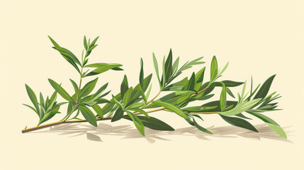 Obraz premium Elegant illustration of an olive branch with rich green leaves and slender twigs on a beige background.