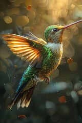 Obraz premium A beautiful hummingbird illustration, in a forest with flowers. 