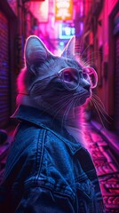 A cat with glasses, jean jacket, neon colored lights.