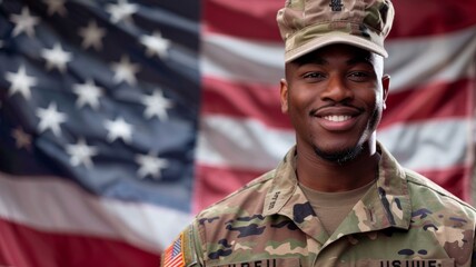 African American soldier smiling in camo against US flag backdrop, embodying pride and service.