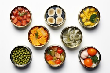 Variety of canned foods displayed in circular tins from above, isolated on white
