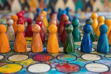 Colorful wooden figures gathered around a game board depict a strategic meeting in cubism, highlighting innovative business strategies