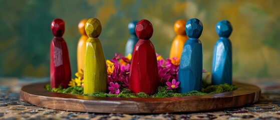 Colorful wooden figures negotiate around a floral centerpiece, symbolizing harmonious business dealings in an art nouveau setting
