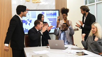 Diverse group of office worker and employee applauding, happy collaborate on strategic business...