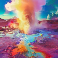 Creative colorful landscape of a highenergy geyser field, bubbling with life in synthwave color, sharpen landscape