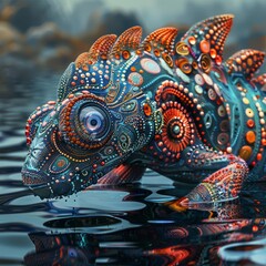 Creative fantastic of aqua animal with unexpected vibrant patterns, exploring a fusion of bright, colorful styles and closeup cinematic sharpen