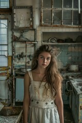 Fototapeta premium Woman in White Dress Standing in Kitchen