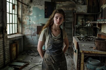 Naklejka premium Woman in White Dress Standing in Kitchen