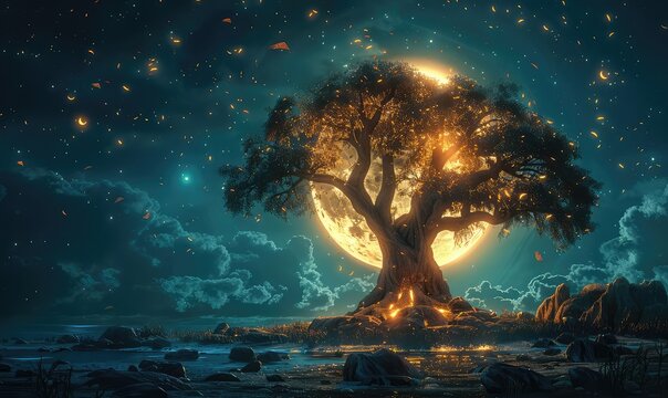 A mystical moonlit forest with a large glowing tree at its center. The tree is surrounded by a river and a rocky shore, and the sky is filled with stars and a bright moon.