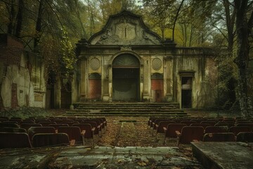 Deep in a ghostly forest, a forgotten theater whispers tales of dramas once performed under its decaying proscenium