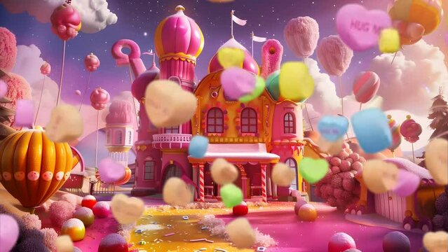 Colorful candy castle palace with confetti flying rain. celebrate event background. Looping animation