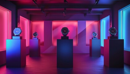 Empty studio with podium of luxurious watches, highlighting precision craftsmanship, rendered in solid color, synth wave