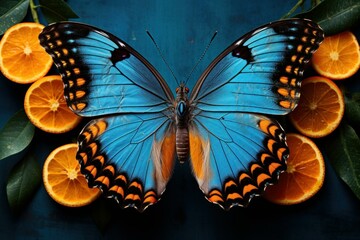 Striking blue butterfly perched on sliced oranges, showcasing natural beauty against a dark blue...