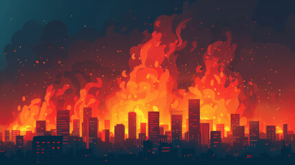 A dramatic illustration of an apocalyptic scenario with fiery explosions engulfing a modern cityscape at night.