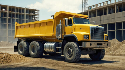 Dump truck at a construction site against blue sky with clouds