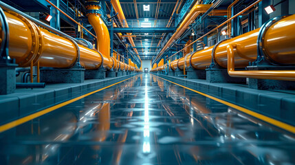 Obraz premium Industrial interior of a power plant. Shiny metal pipes and blue lights
